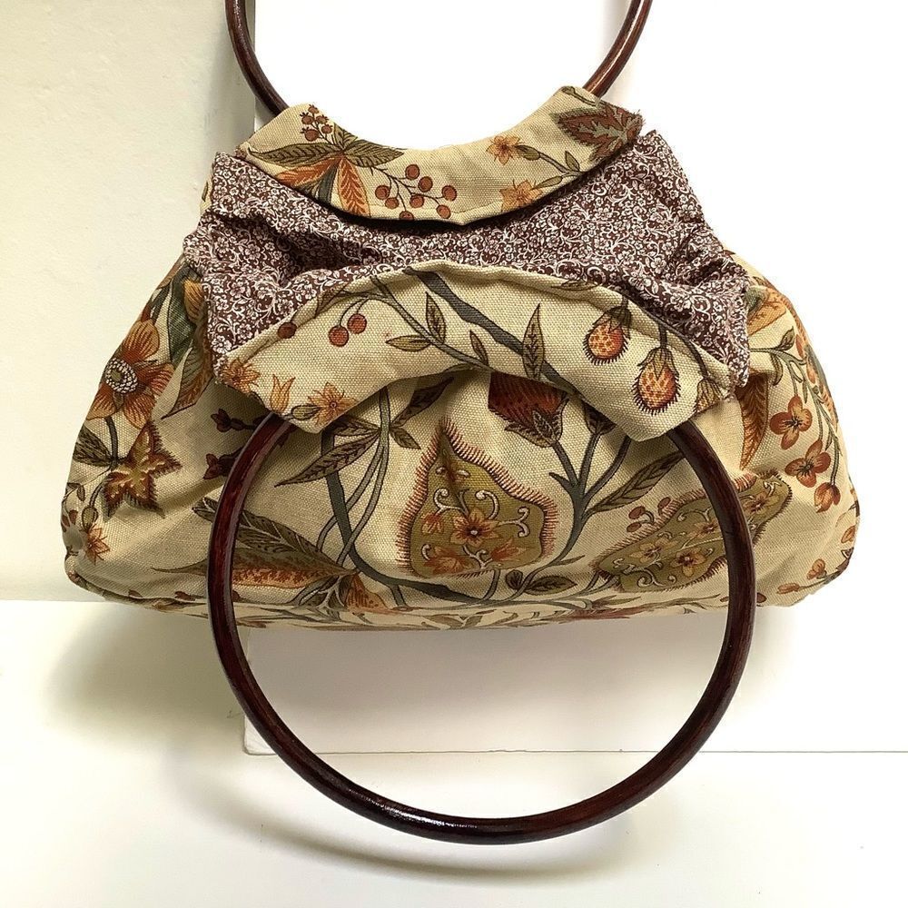 Handmade Fabric Bag Wooden Handle EUC Vintage